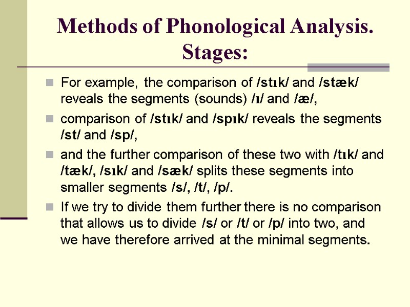 Methods of Phonological Analysis. Stages: For example, the comparison of /stık/ and /stæk/ reveals